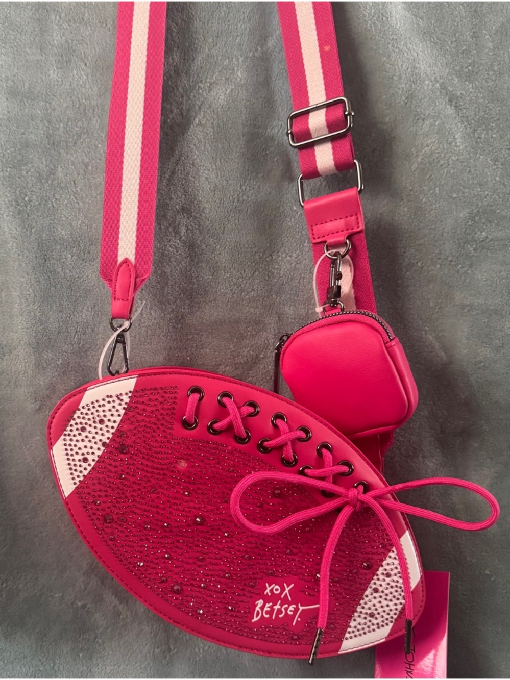 Betsey Johnson Hot Pink Rhinestone Football Crossbody Bag